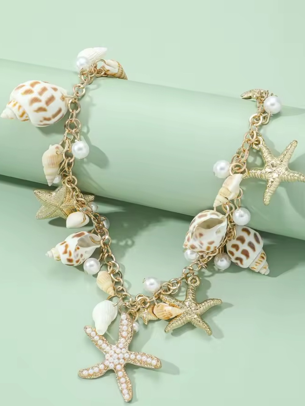 Gold Shell & Pearl Starfish Charm Necklace